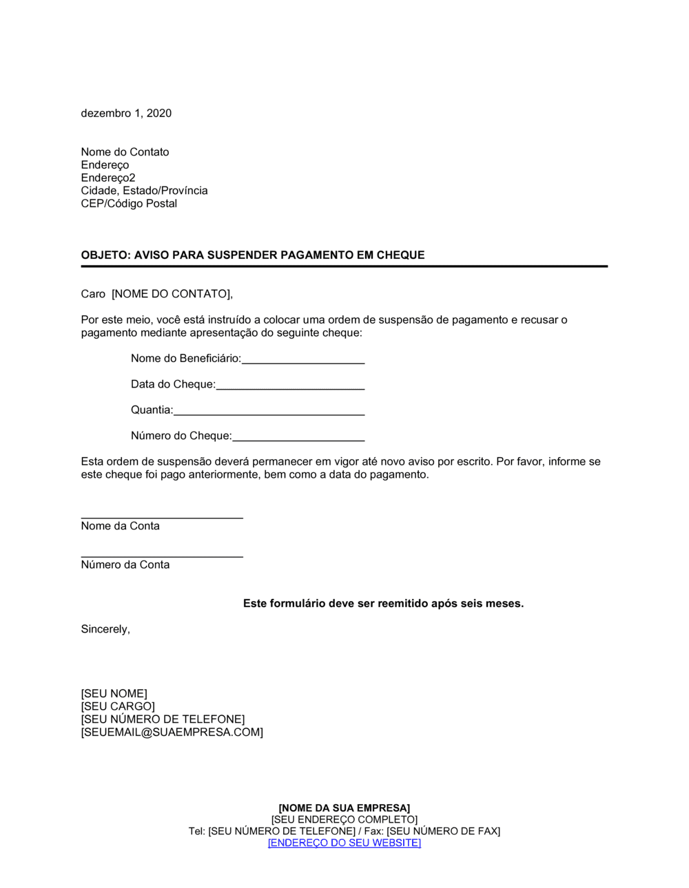 Business-in-a-Box's Aviso ao Banco para Parar Pagamento ao Cheque