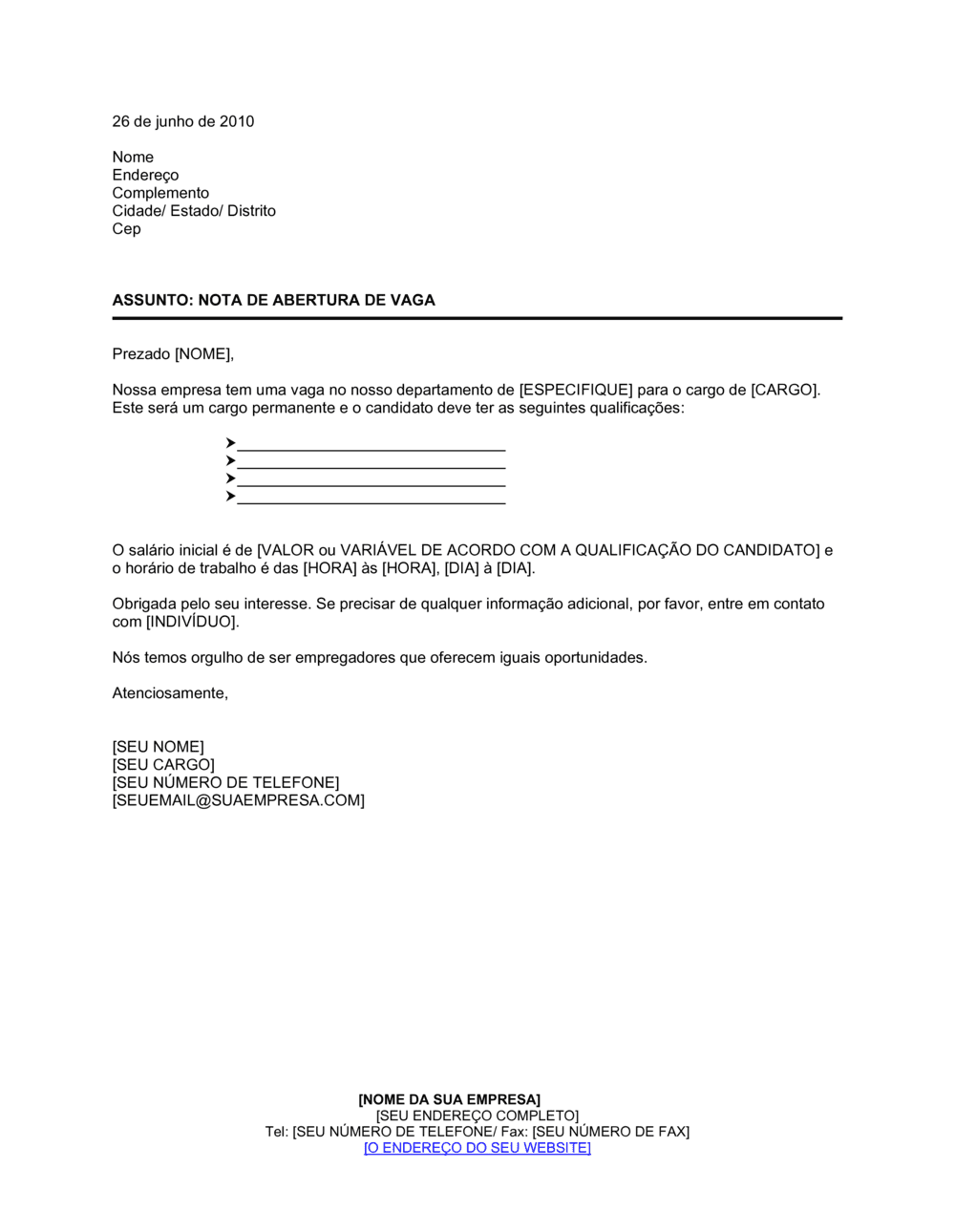 Business-in-a-Box's Aviso de Abertura de Emprego Carta