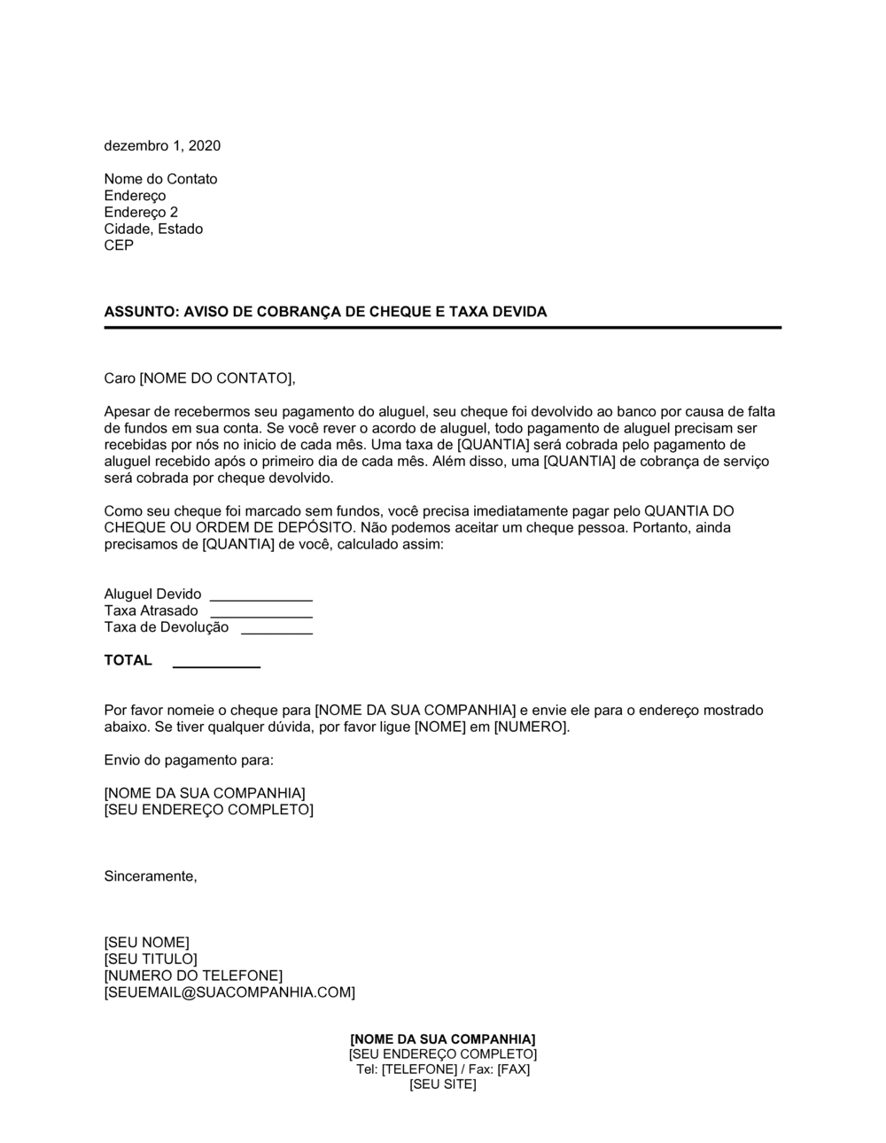 Business-in-a-Box's Aviso de Cobrança de Cheque NSF e Aluguel Atrasado