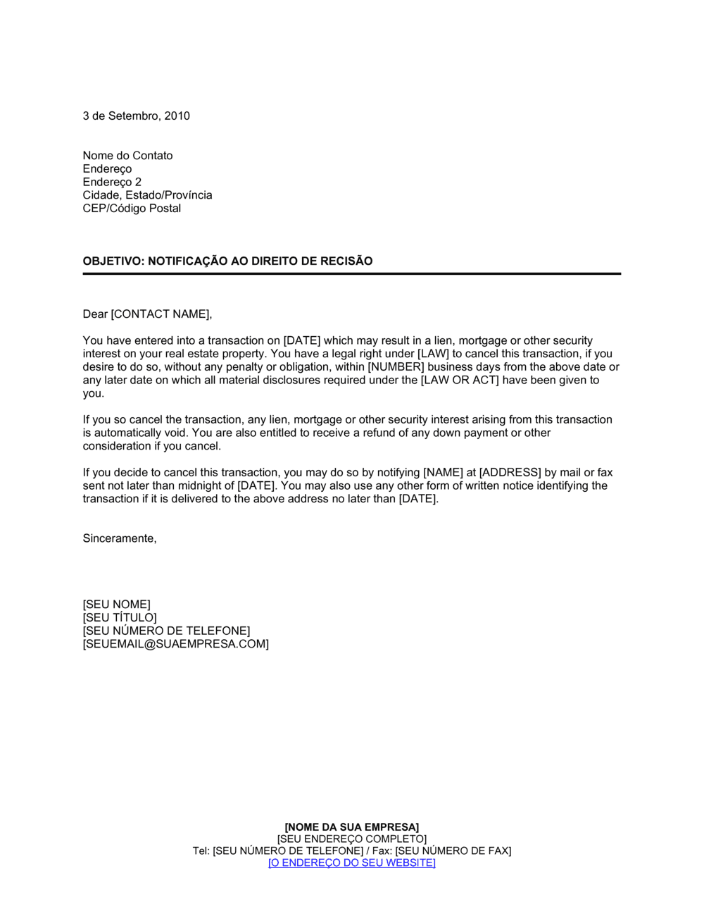 Business-in-a-Box's Aviso de Direito de Rescisão