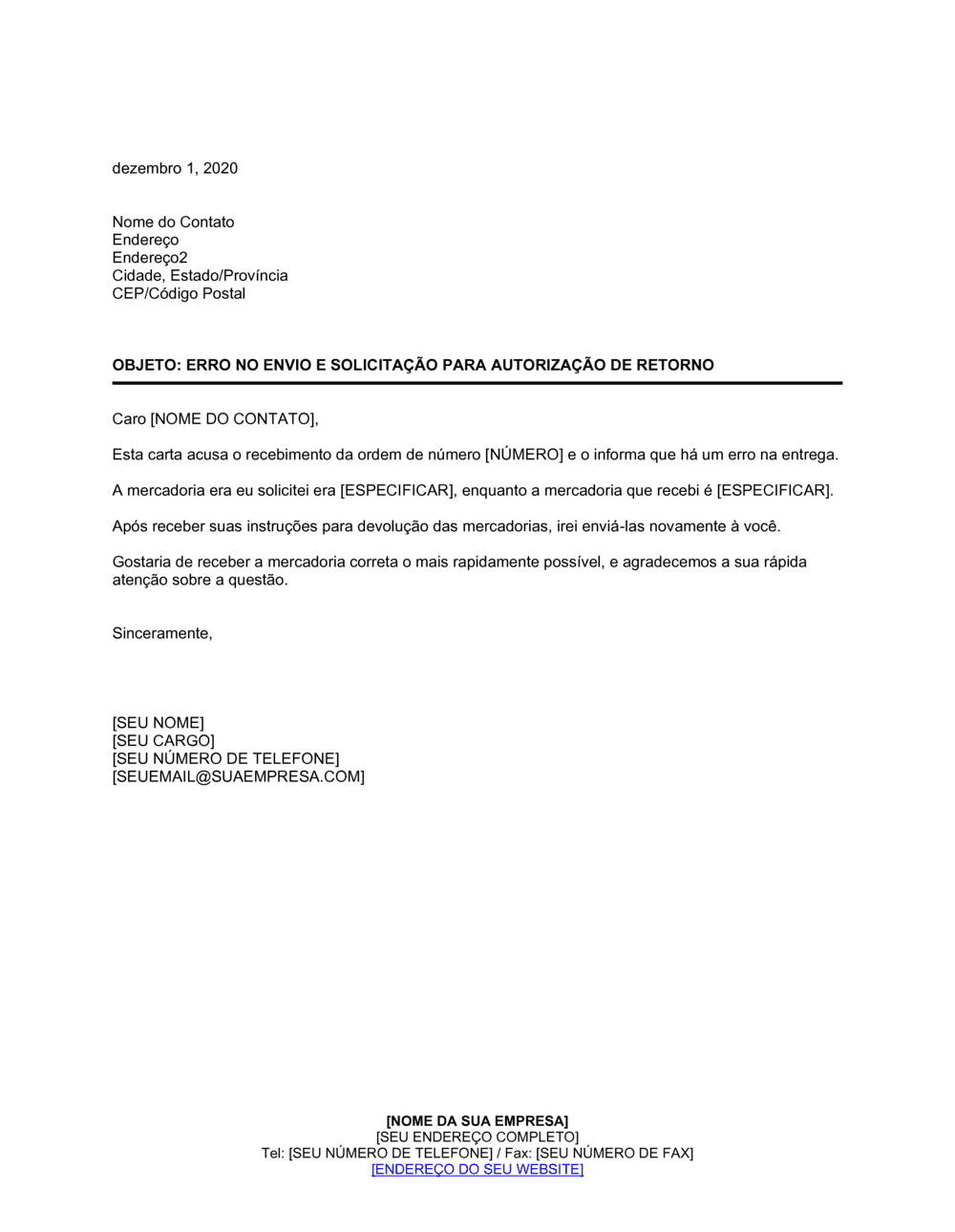 Business-in-a-Box's Aviso de Erro em Envio e Pedido de Autorização de Devolução