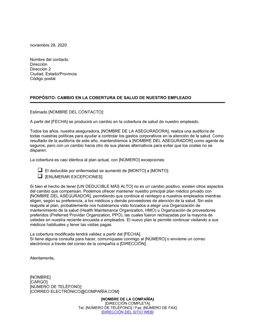 Business-in-a-Box's Aviso de modificación en los beneficios de la cobertura de salud