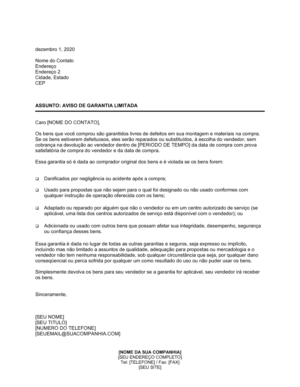 Business-in-a-Box's Aviso de Resposta de Garantia Limitada