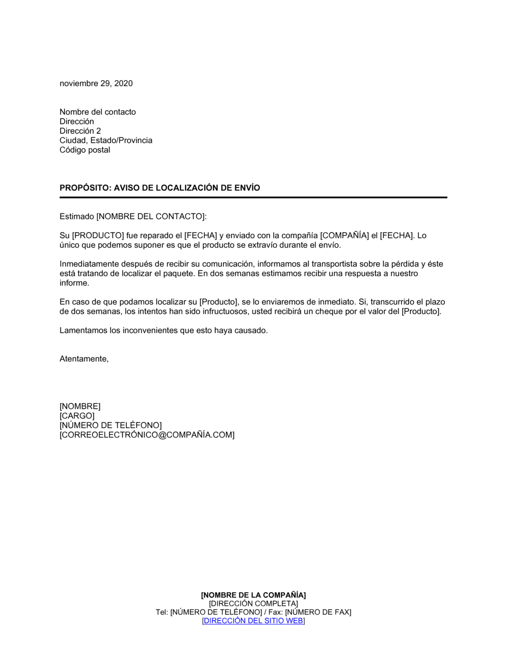 Business-in-a-Box's Aviso de respuesta de seguimiento de la carga