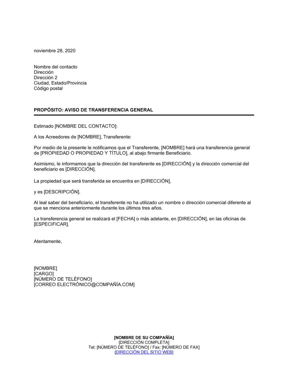 Business-in-a-Box's Aviso de transferencia general