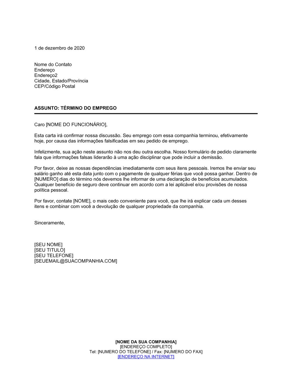 Business-in-a-Box's Aviso de Término Fala Informação do Funcionário