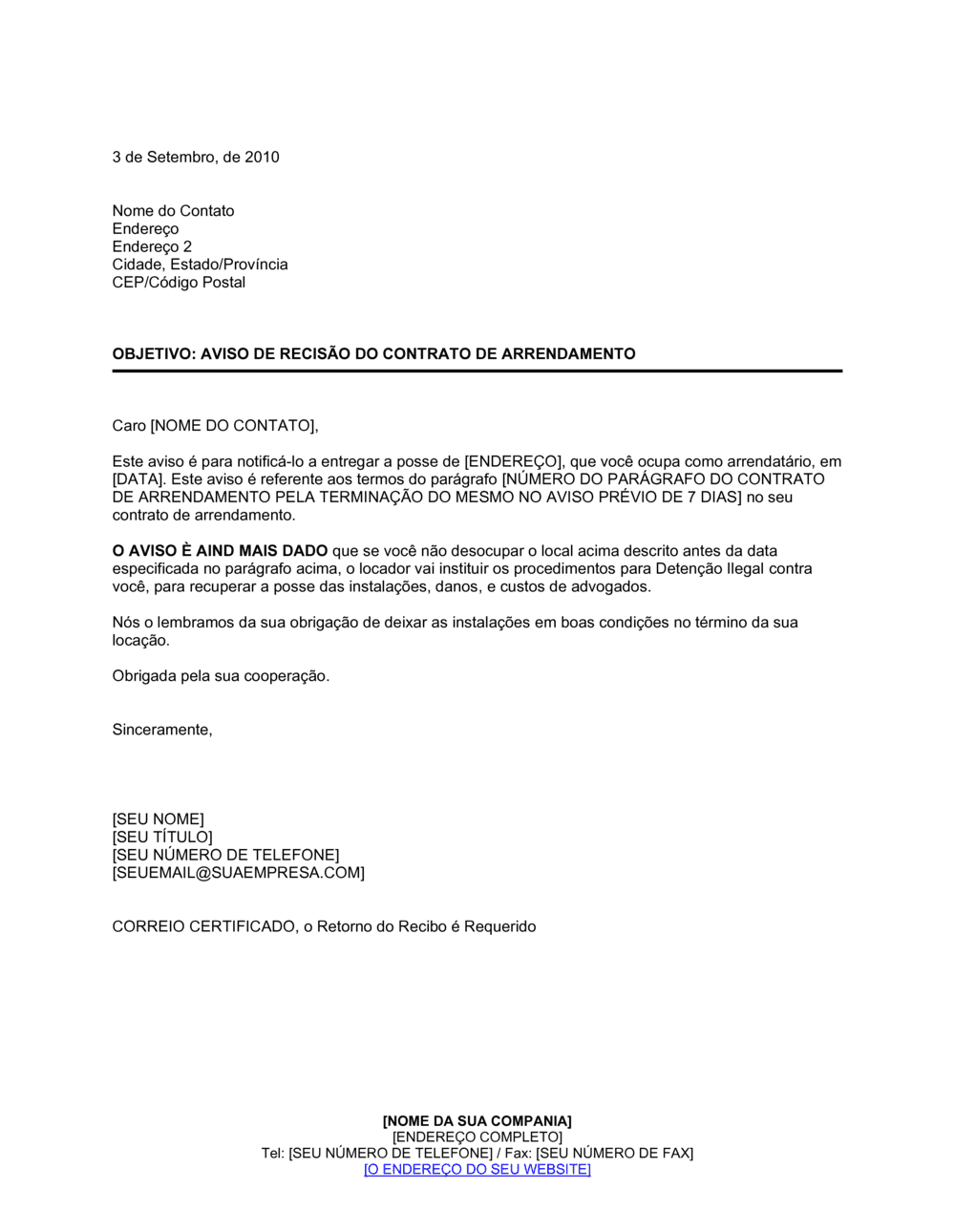 Business-in-a-Box's Aviso do Proprietário de Término da Concessão