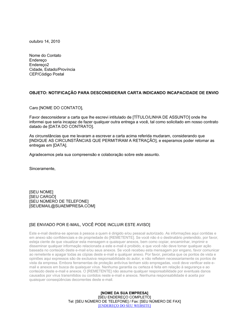 Business-in-a-Box's Aviso para Desconsiderar Carta Indicando Inabilidade de Enviar