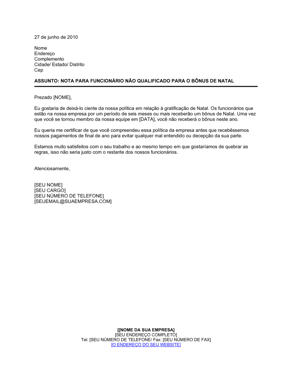 Business-in-a-Box's Aviso para Funcionário Não Qualificado para Bônus de Natal