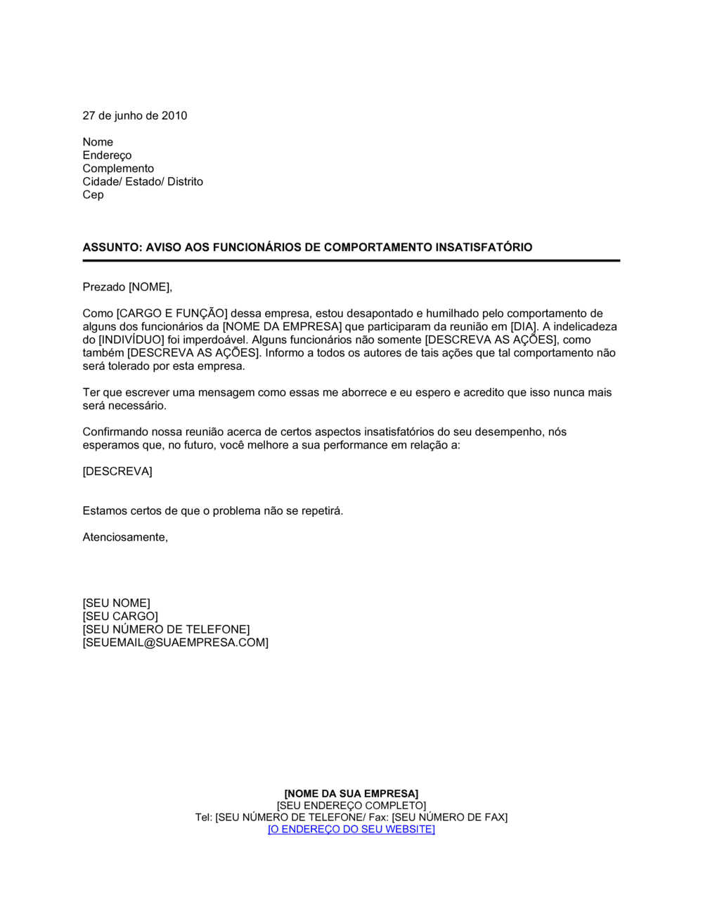 Business-in-a-Box's Aviso para Funcionários de Comportamento Insatisfatório