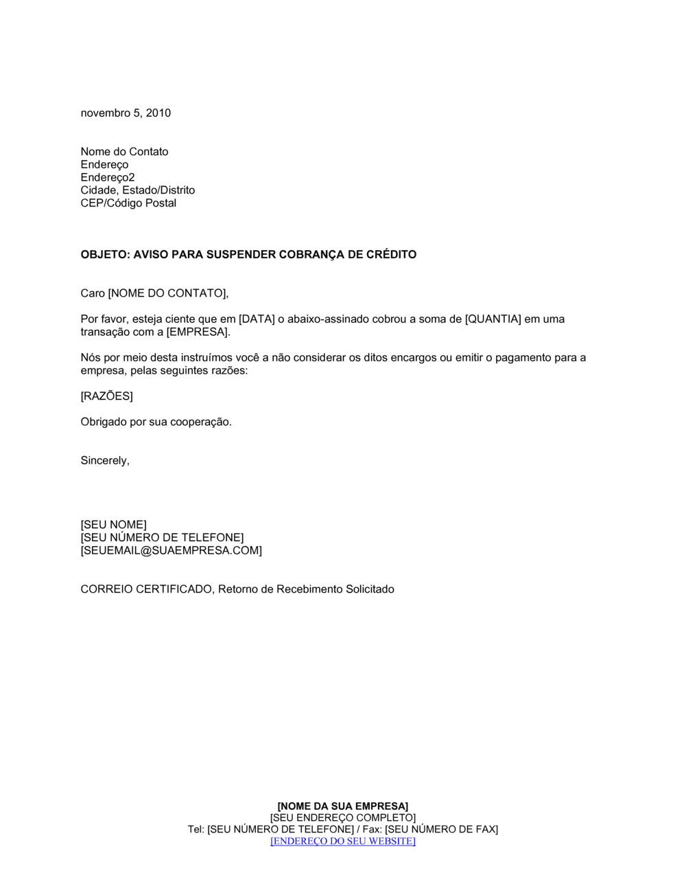 Business-in-a-Box's Aviso para Parar Cobrança de Crédito