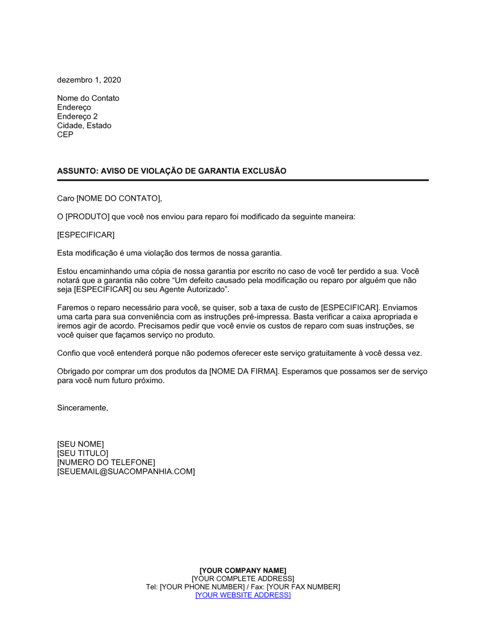 Business-in-a-Box's Aviso Resposta de Violação de Exclusão da Garantia