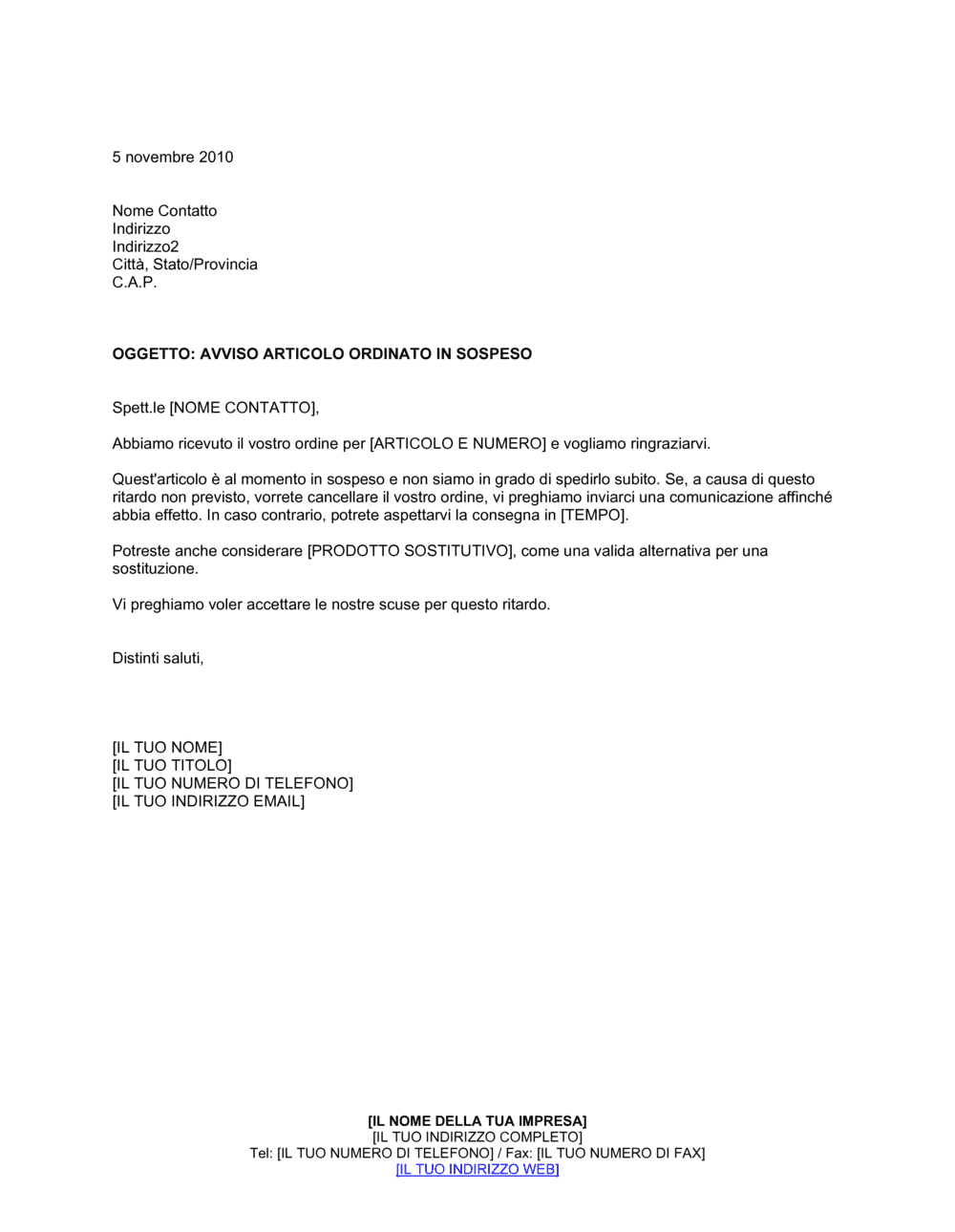 Business-in-a-Box's Avviso articolo ordinato in sospeso