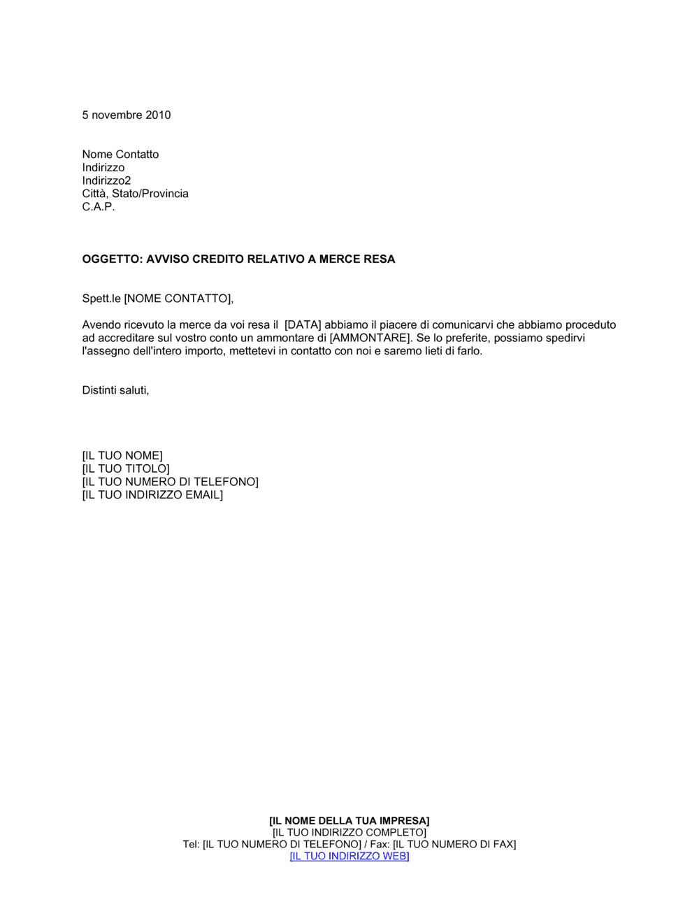 Business-in-a-Box's Avviso credito relativo a merce resa