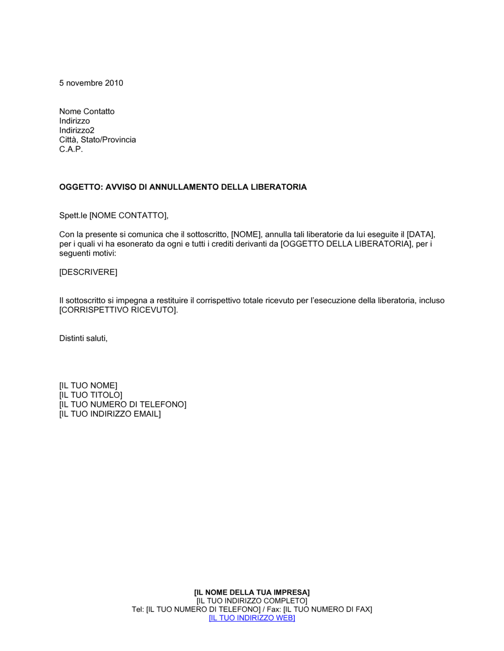 Business-in-a-Box's Avviso di annullamento della liberatoria