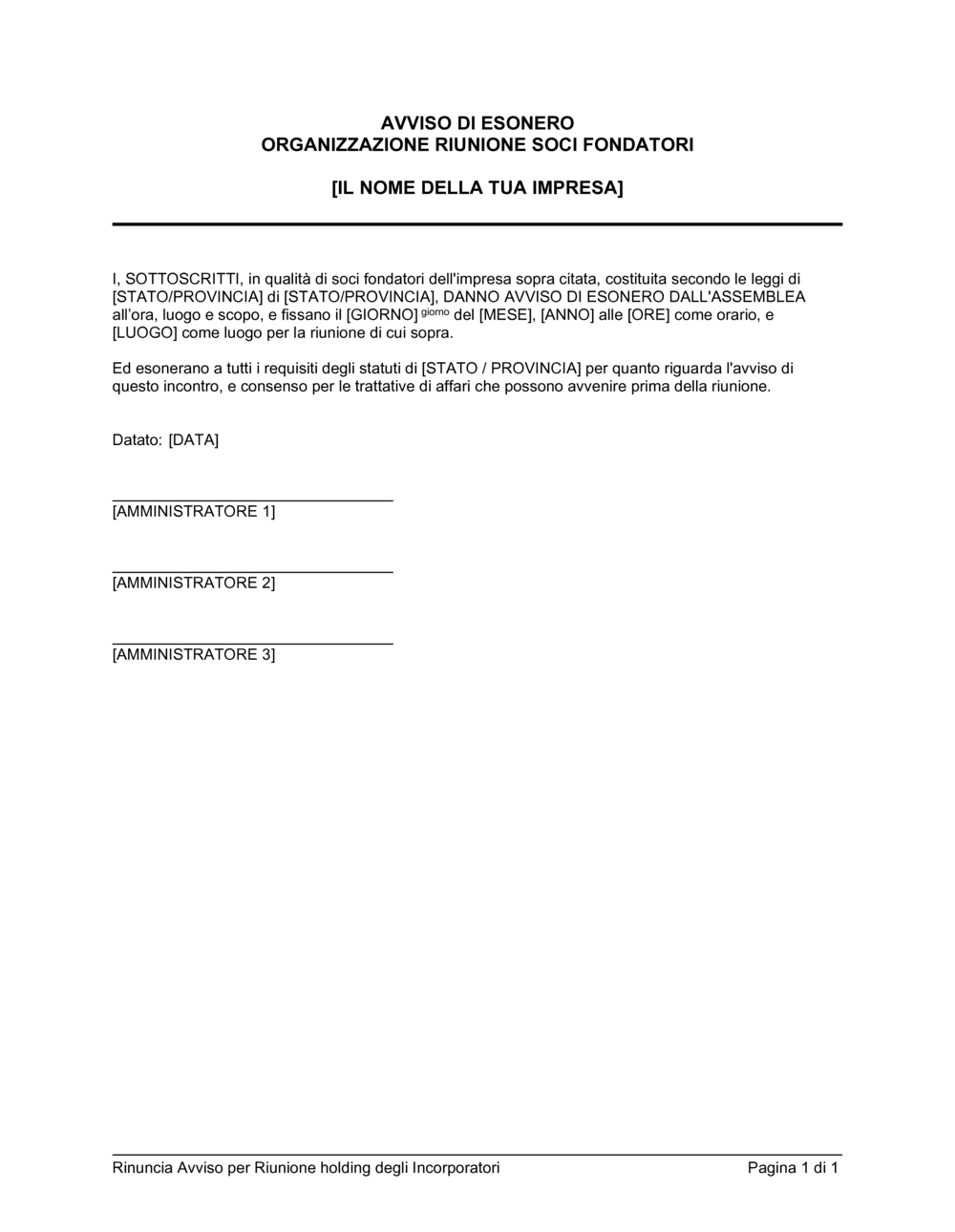 Business-in-a-Box's Avviso di esonero da riunione soci fondatori