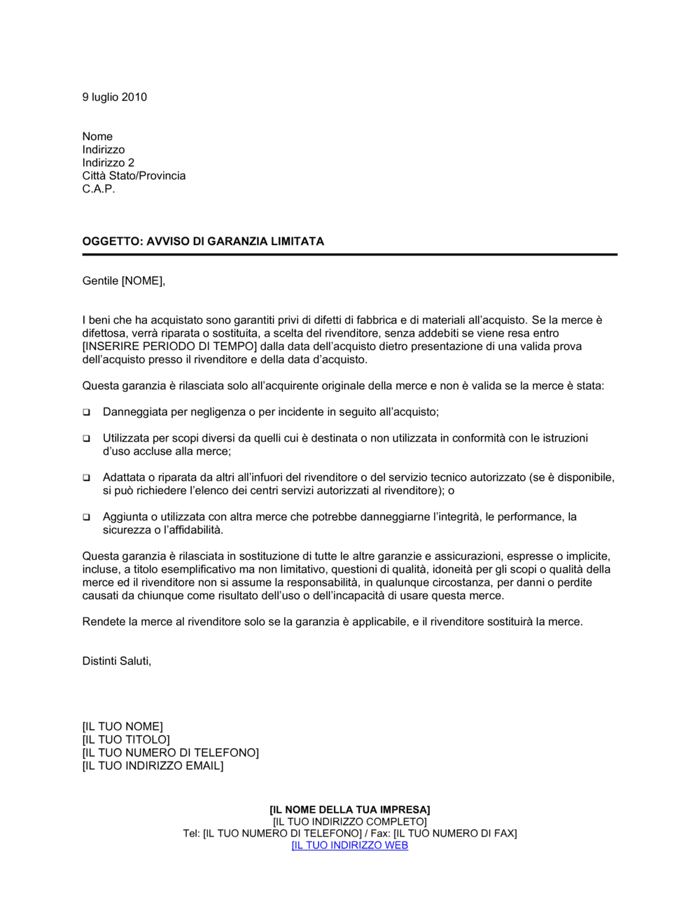 Business-in-a-Box's Avviso di garanzia limitata