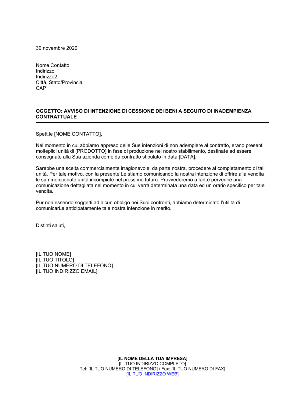 Business-in-a-Box's Avviso di intenzione di cessione dei beni a seguito di inadempienza contrattuale