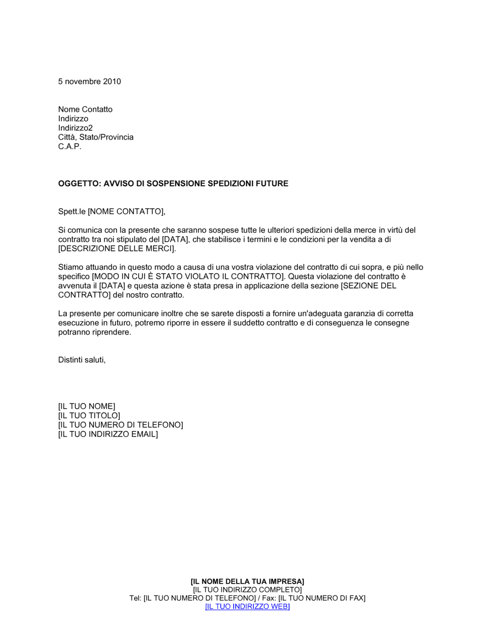 Business-in-a-Box's Avviso di sospensione spedizioni future