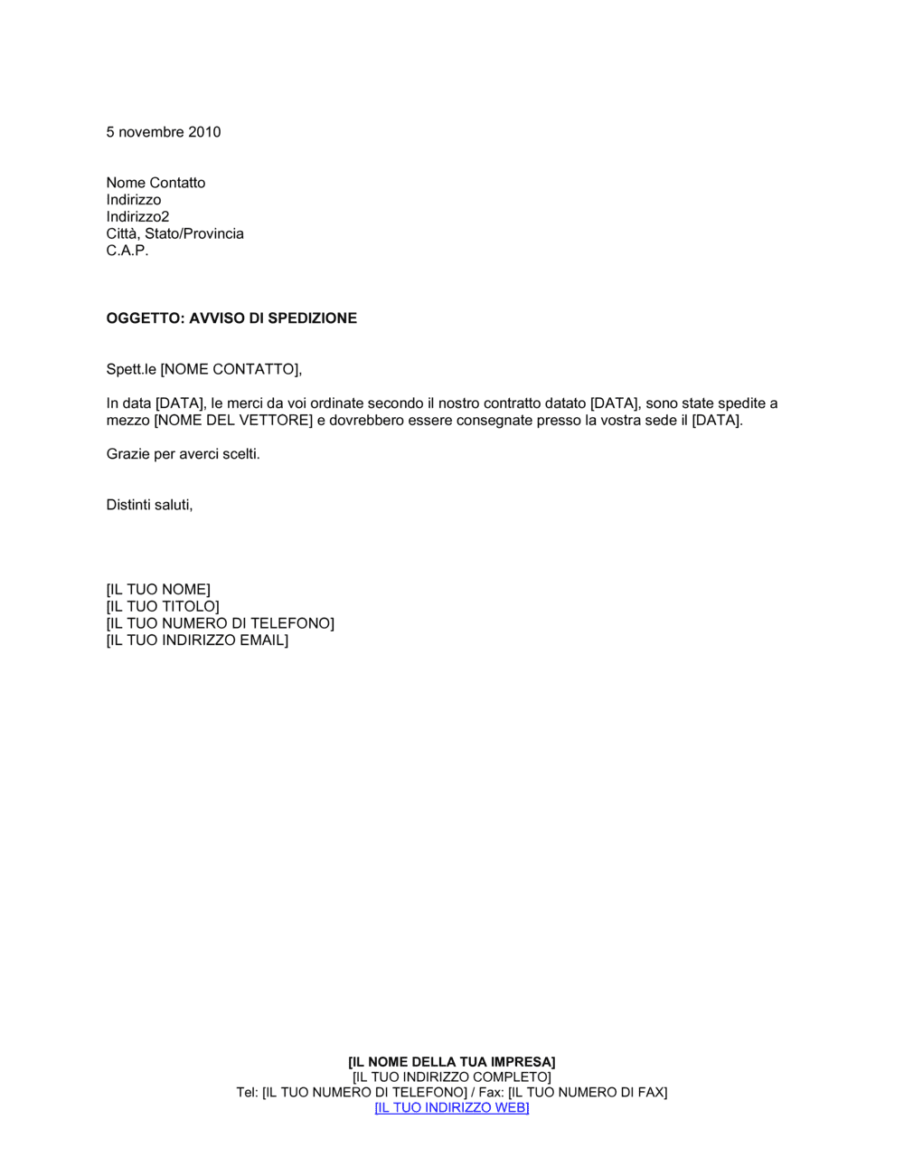 Business-in-a-Box's Avviso di spedizione