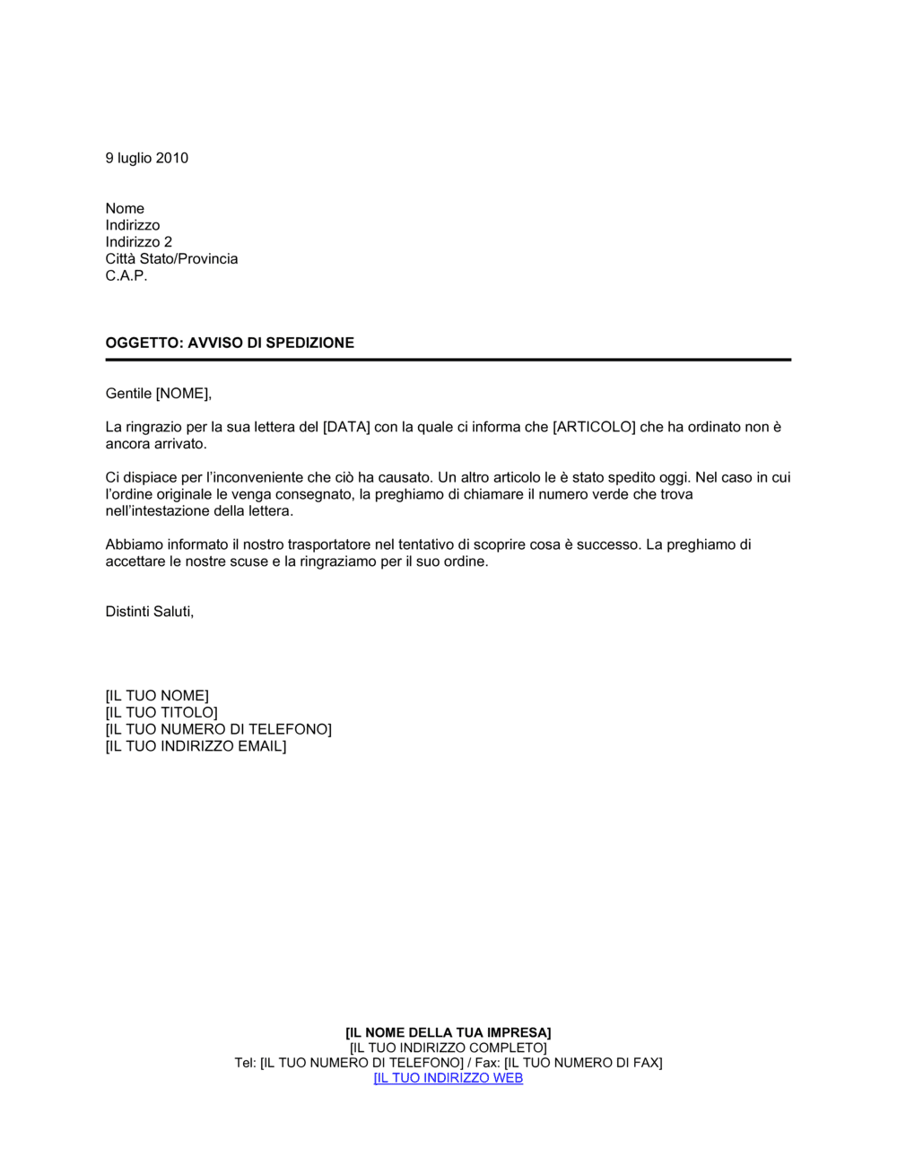 Business-in-a-Box's Avviso di spedizione