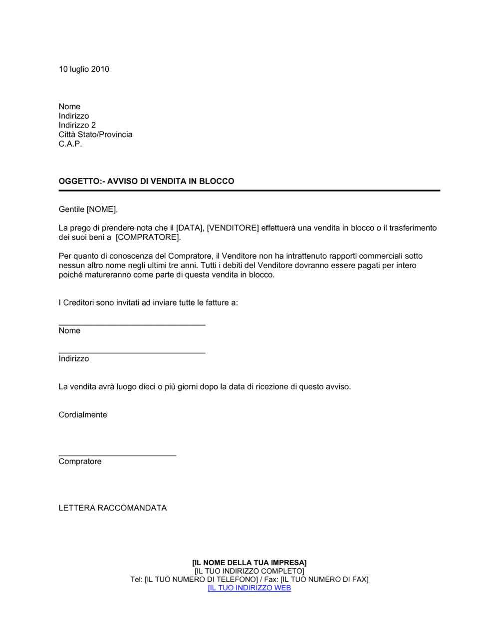 Business-in-a-Box's Avviso di vendita in blocco