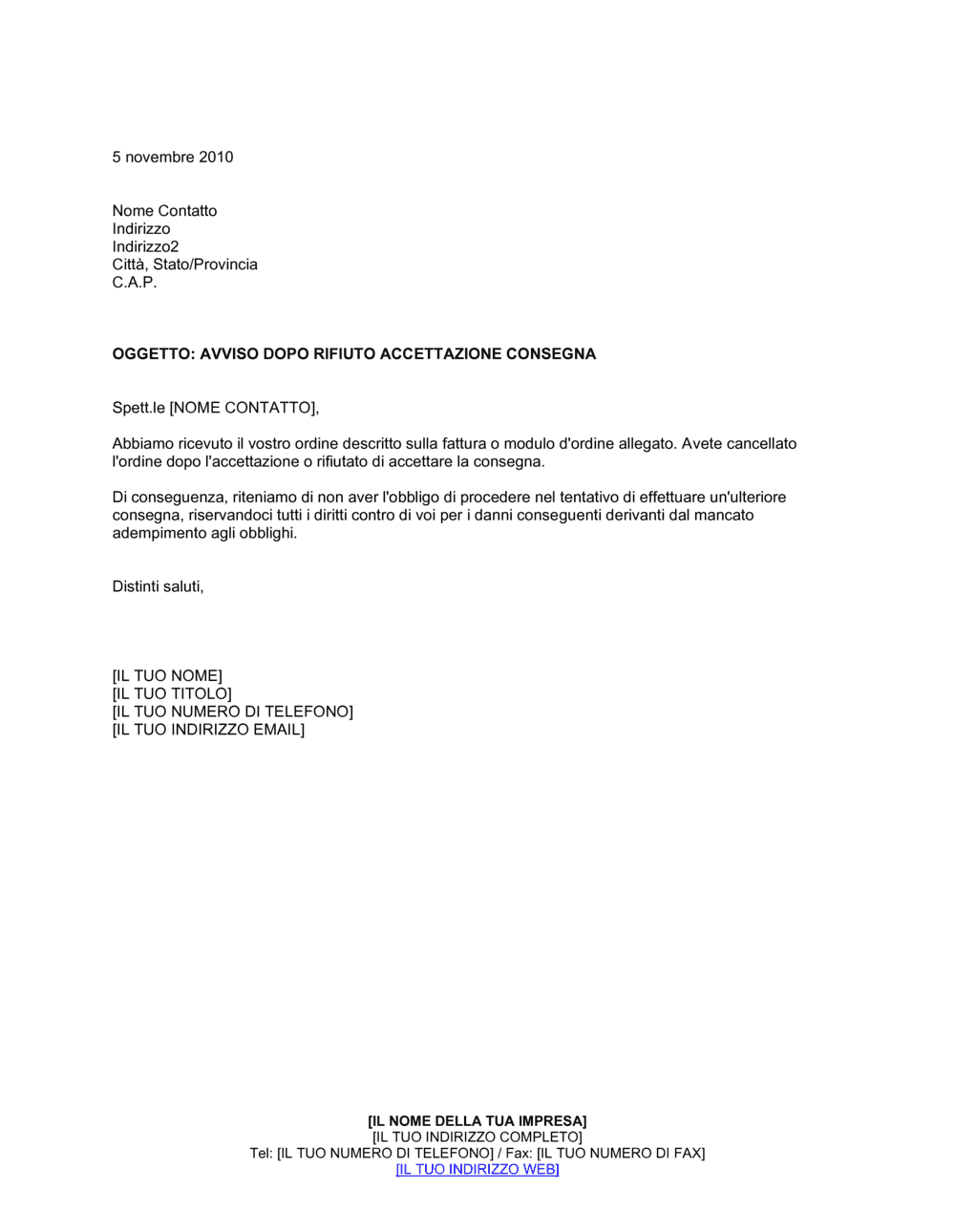 Business-in-a-Box's Avviso dopo rifiuto accettazione consegna