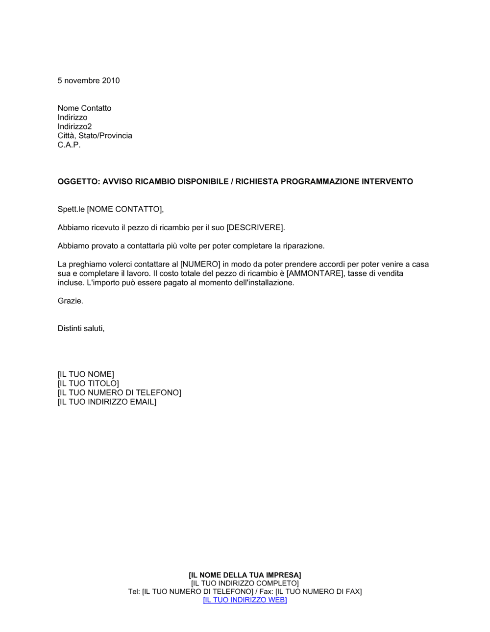 Business-in-a-Box's Avviso ricambio disponibile - programmazione intervento