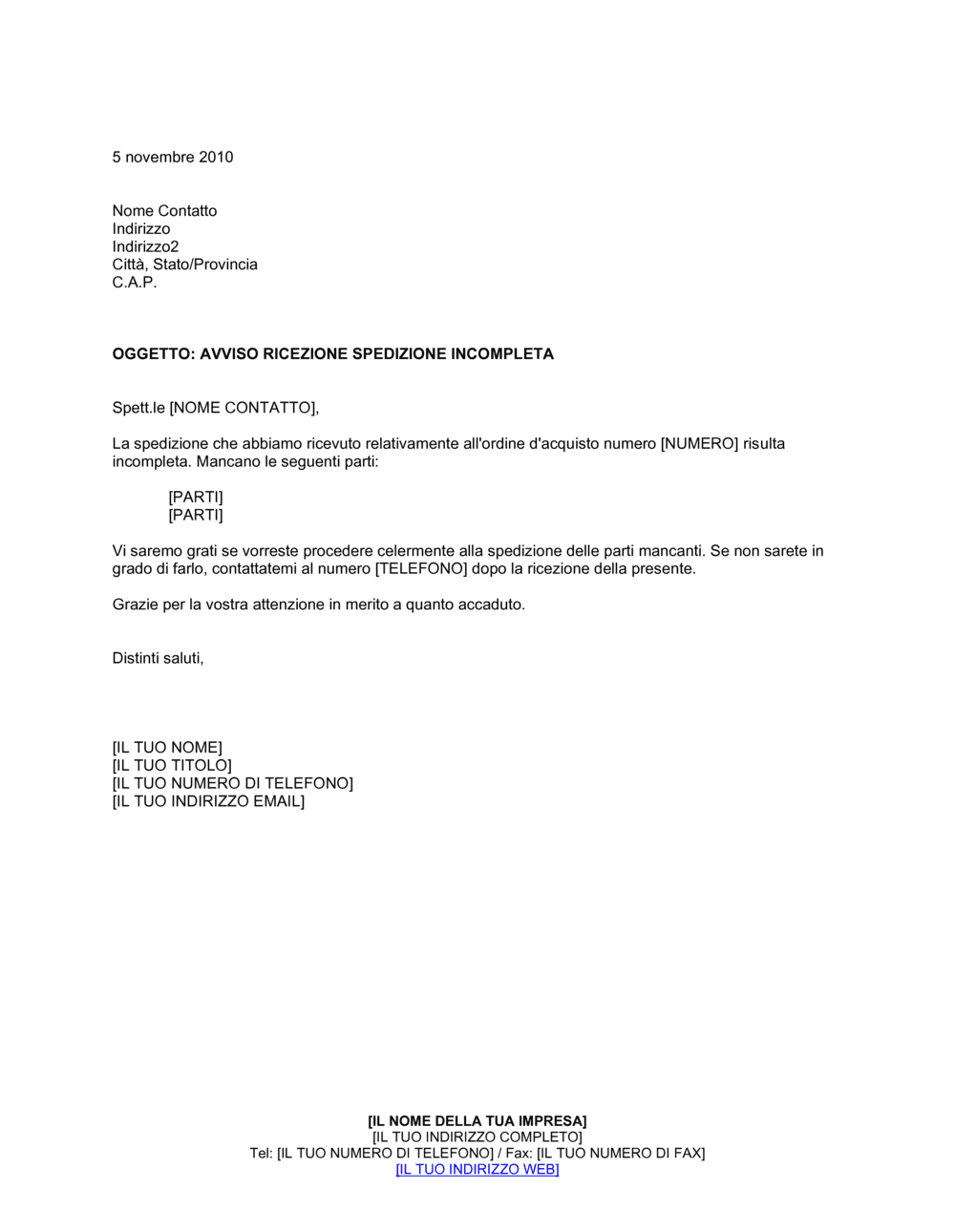 Business-in-a-Box's Avviso ricezione spedizione incompleta