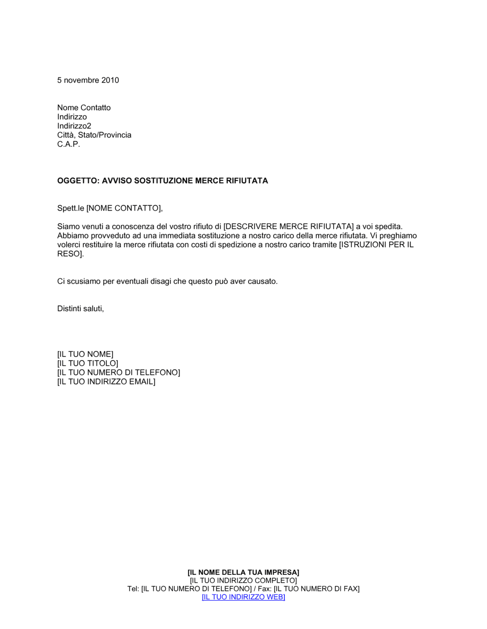 Business-in-a-Box's Avviso sostituzione merce rifiutata