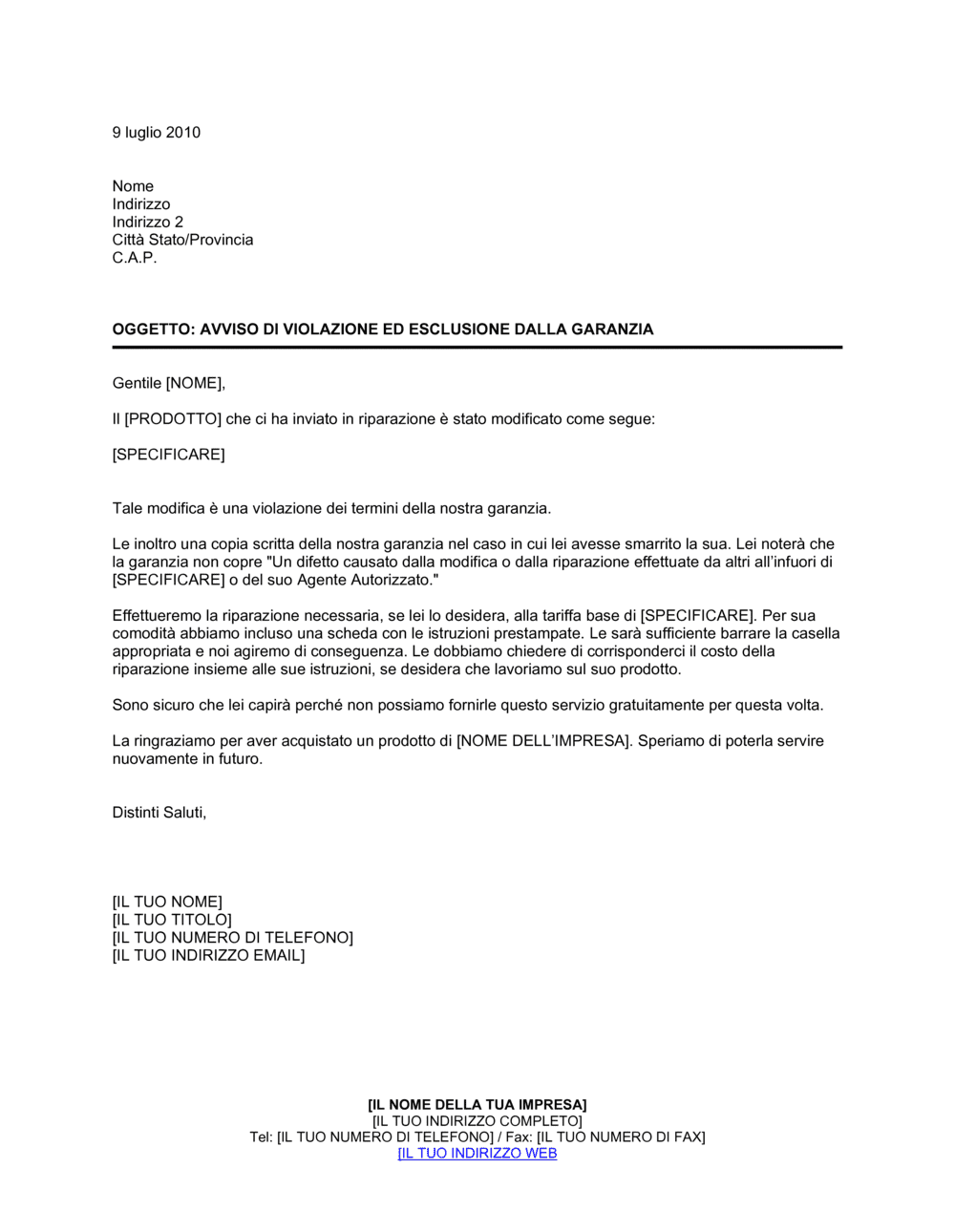 Business-in-a-Box's Avviso violazione garanzia