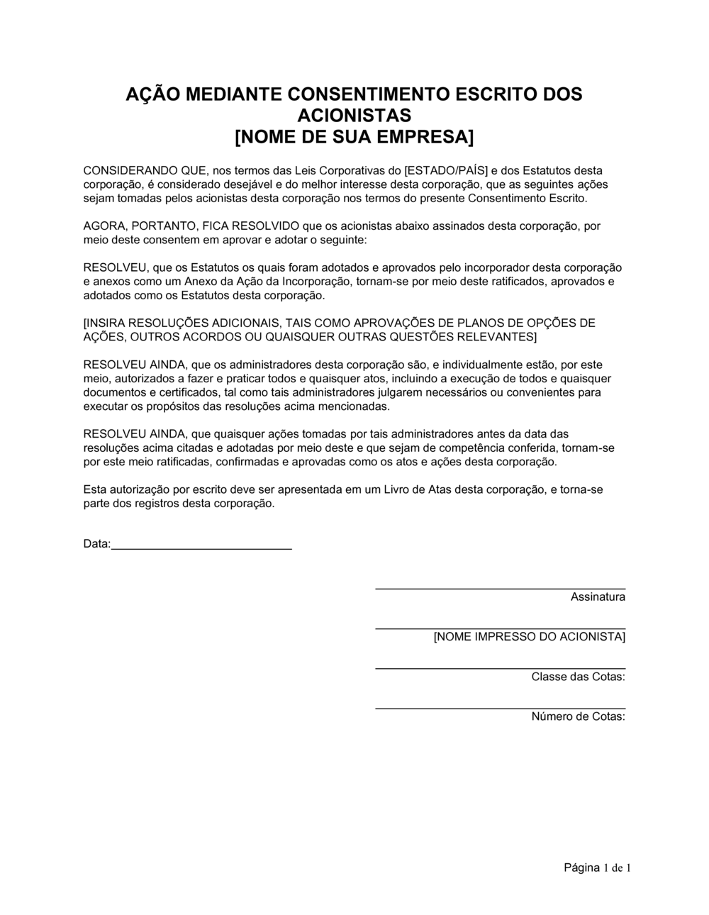 Business-in-a-Box's Ação por Consentimento Escrito dos Acionistas
