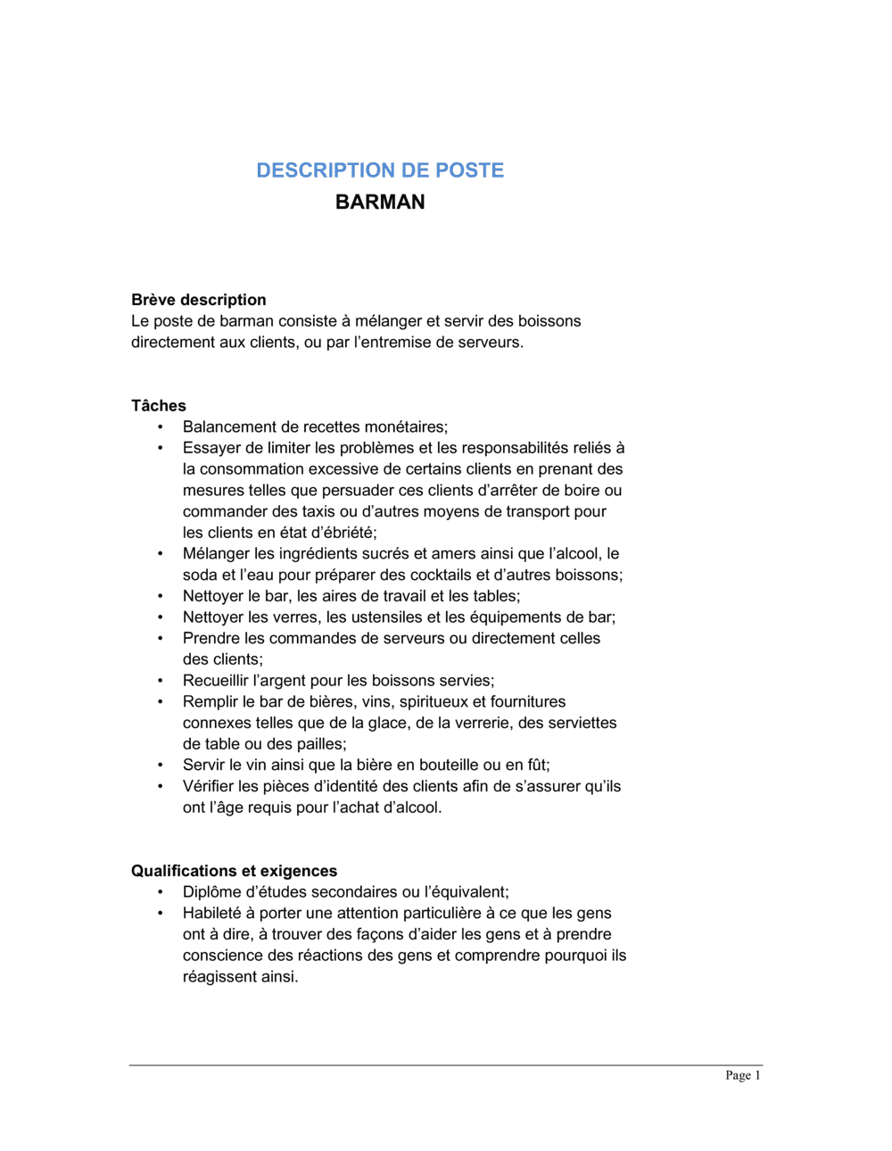 Business-in-a-Box's Barman Description de poste