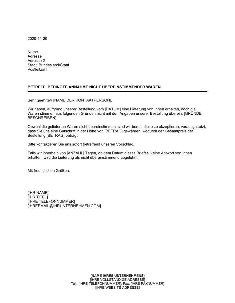 Business-in-a-Box's Bedingte Annahme nicht übereinstimmender Waren