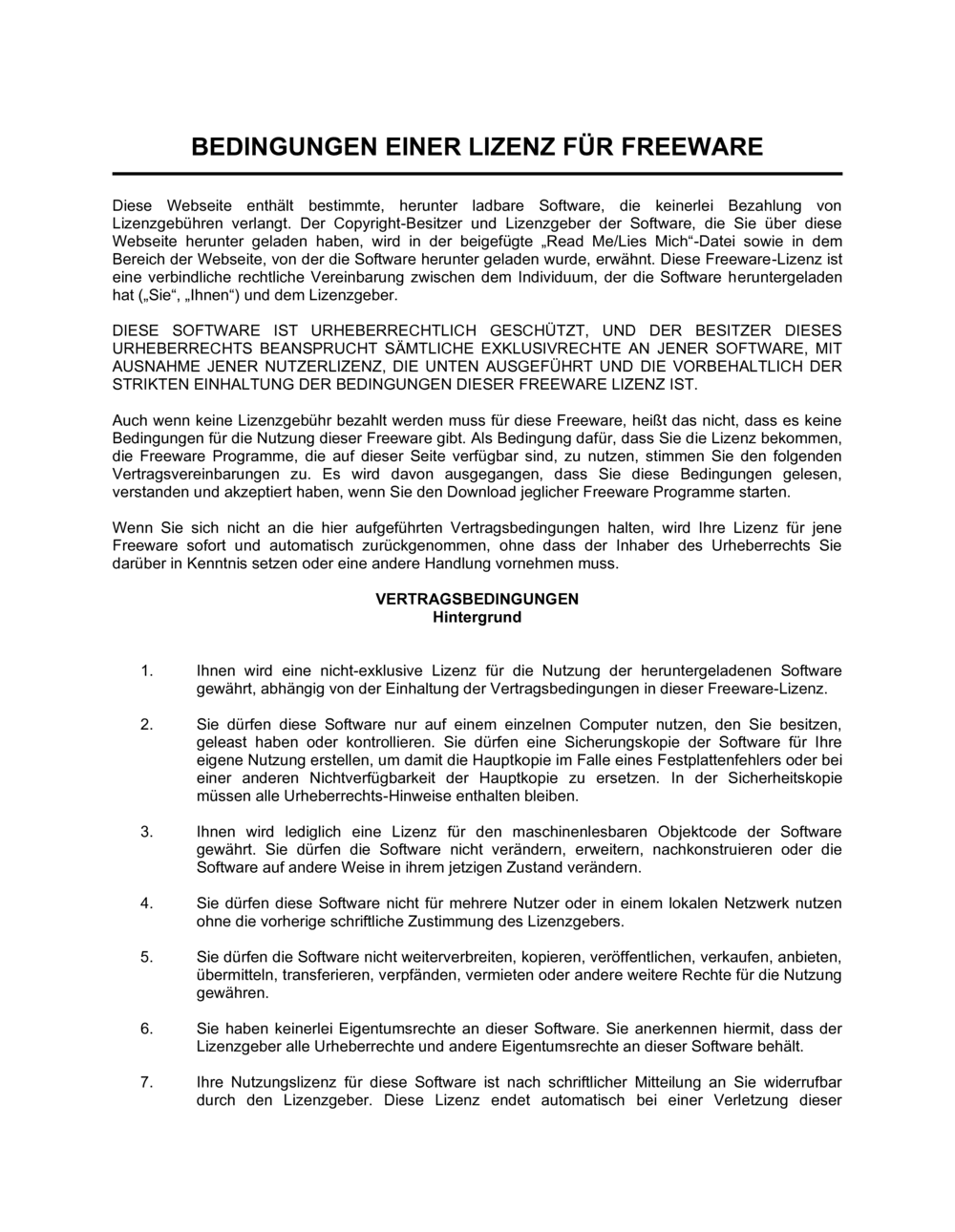 Business-in-a-Box's Bedingungen einer Lizenz für Freeware