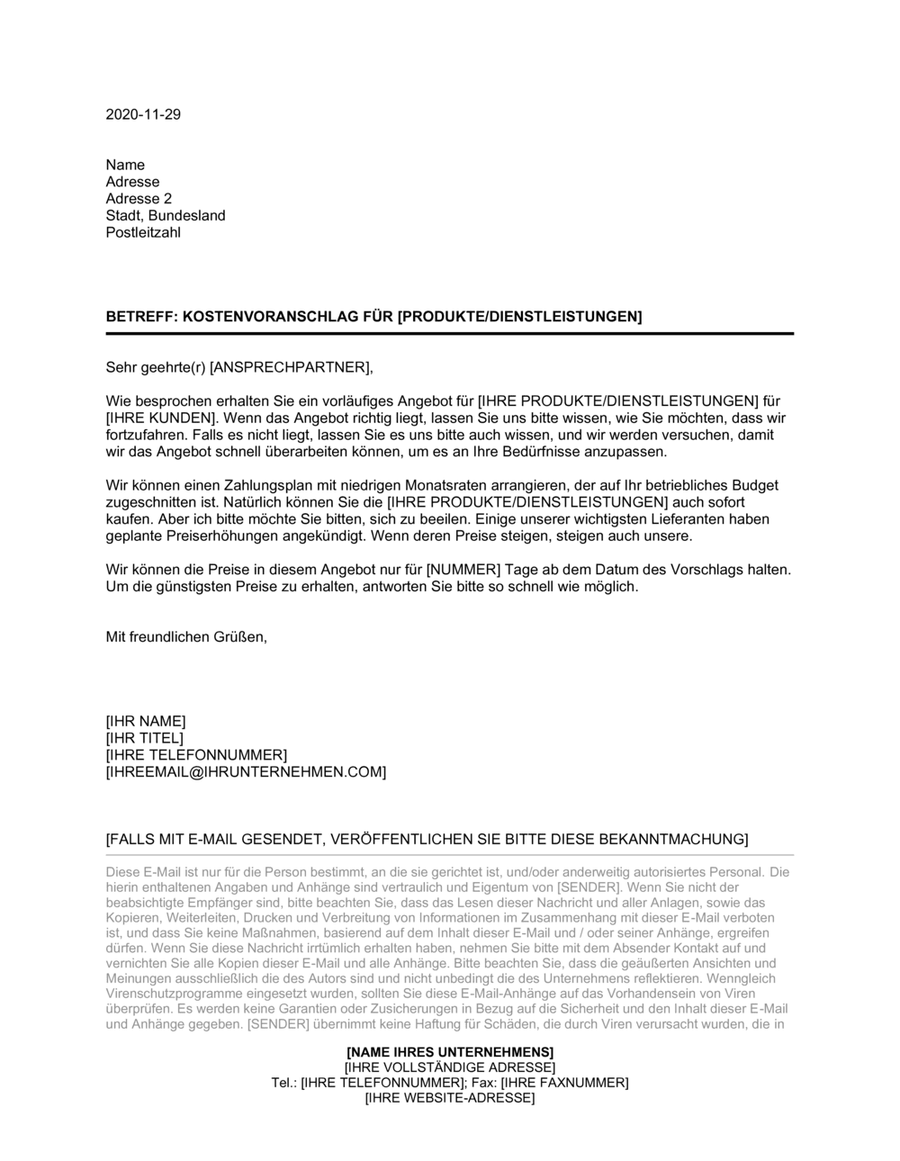 Business-in-a-Box's Begleitschreiben für einen Kostenvoranschlag