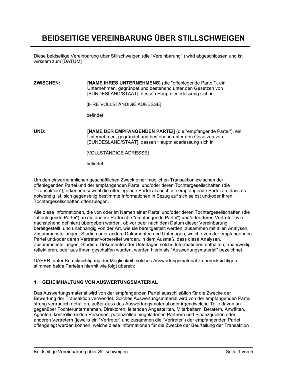 Business-in-a-Box's Beidseitige Vereinbarung über Stillschweigen