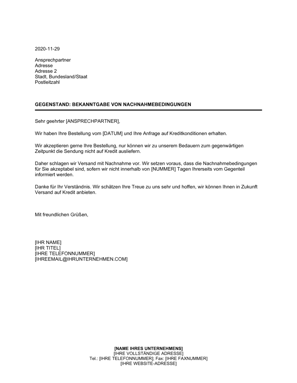 Business-in-a-Box's Bekanntgabe von Nachnahmebedingungen