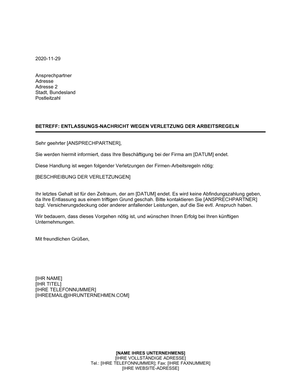 Business-in-a-Box's Benachrichtigung über Entlassung wegen Verletzung der Arbeitsregeln