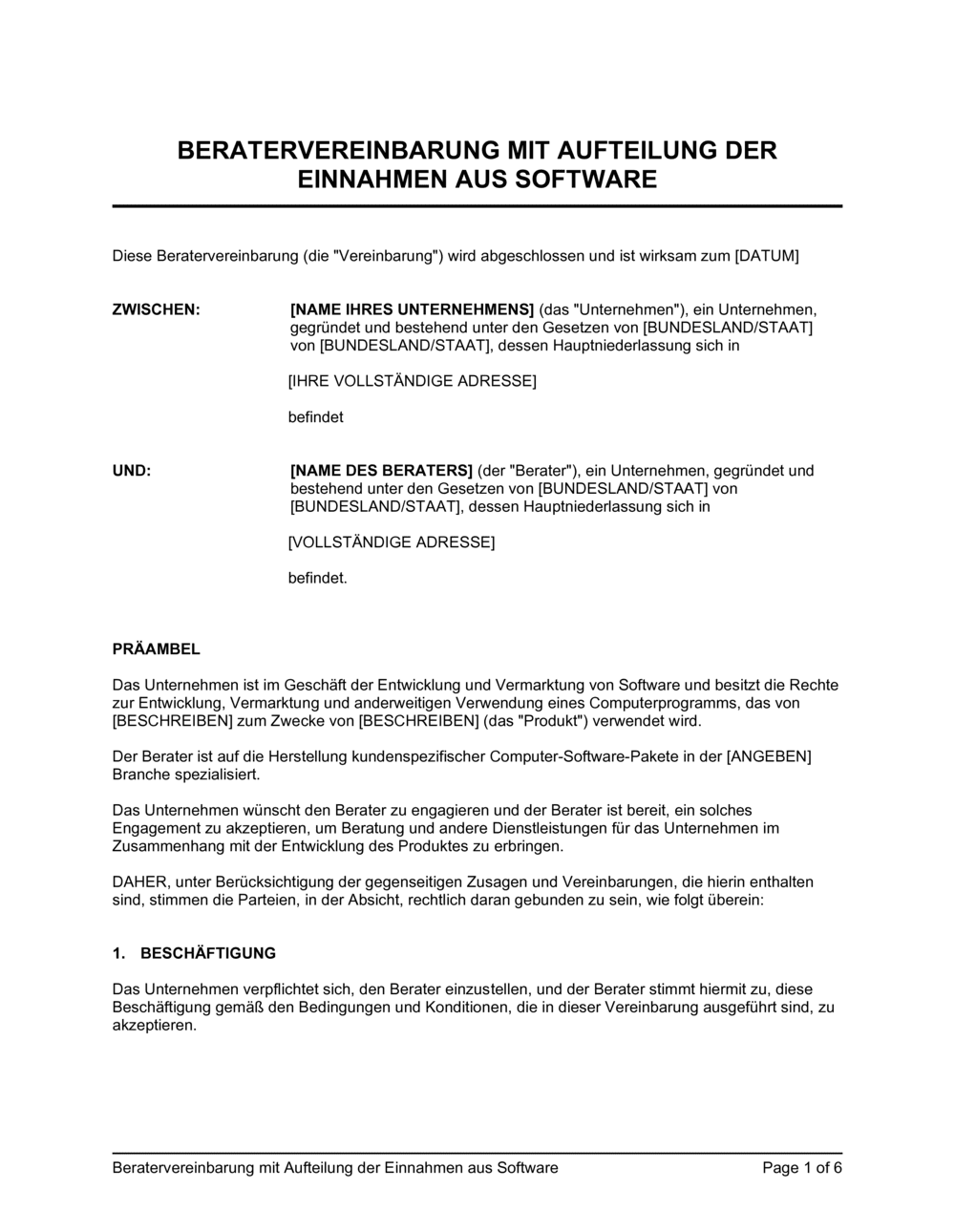 Business-in-a-Box's Beratervereinbarung mit Aufteilung der Einnahmen aus Software