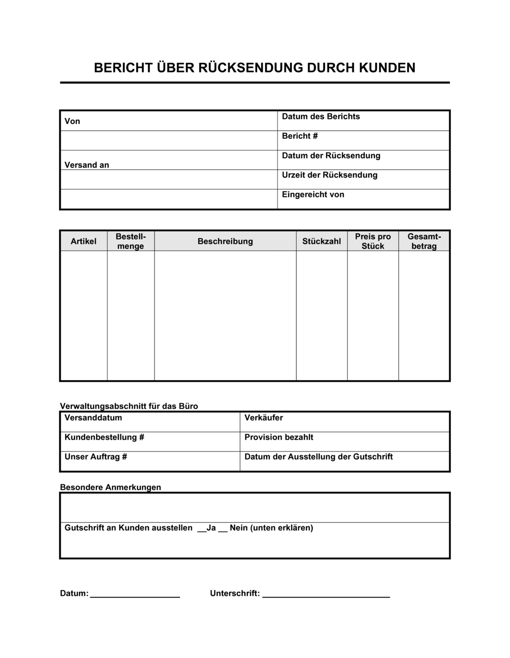 Business-in-a-Box's Bericht über Rücksendung durch Kunden