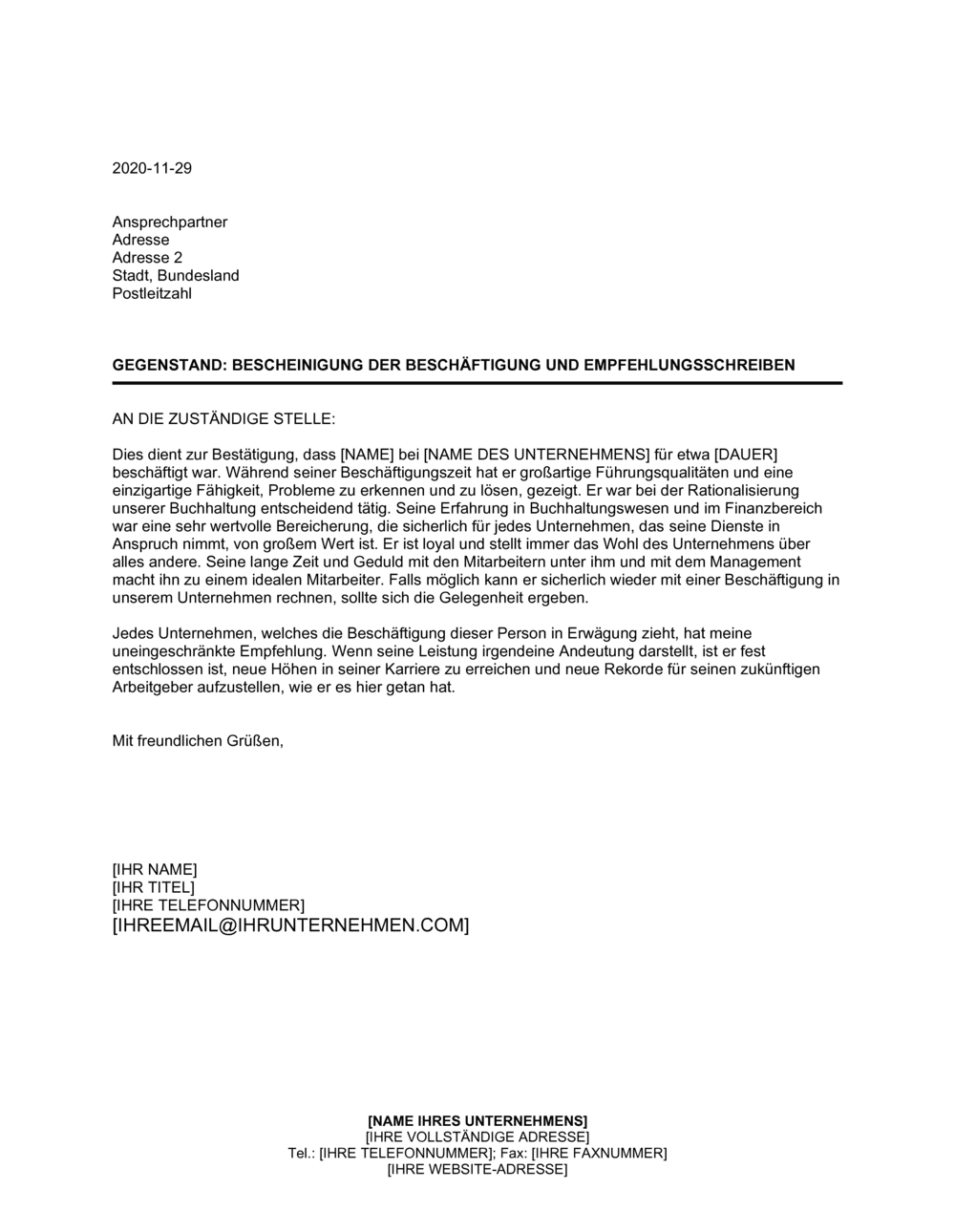 Business-in-a-Box's Bescheinigung der Beschäftigung und Empfehlungsschreiben