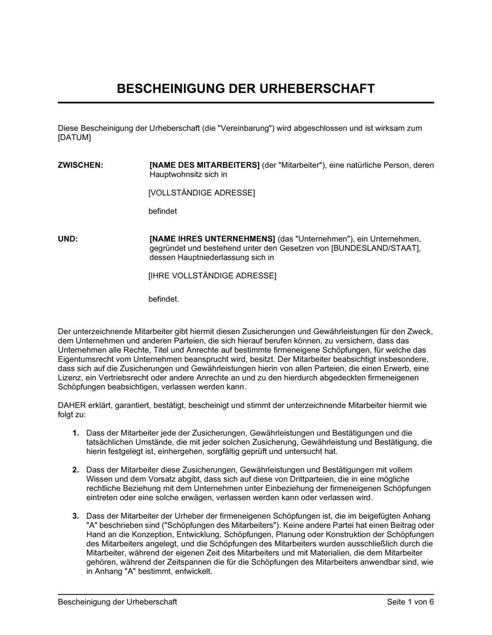 Business-in-a-Box's Bescheinigung der Urheberschaft