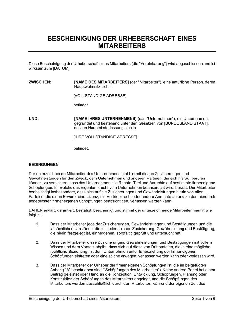 Business-in-a-Box's Bescheinigung der Urheberschaft eines Mitarbeiters