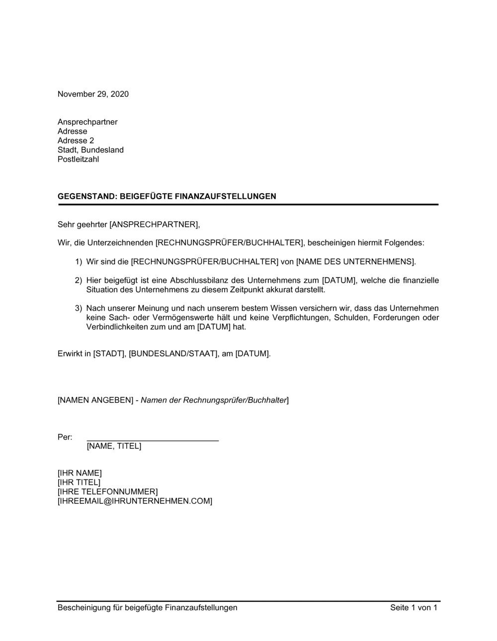 Business-in-a-Box's Bescheinigung für beigefügte Finanzaufstellungen