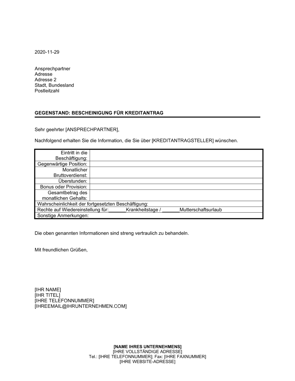 Business-in-a-Box's Bescheinigung für Kreditantrag durch Arbeitgeber