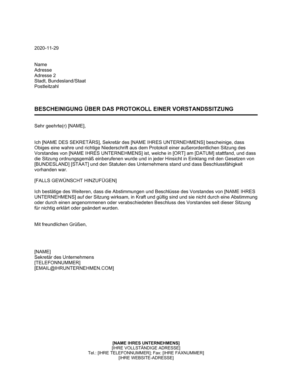 Business-in-a-Box's Bescheinigung über das Protokoll einer Vorstandssitzung