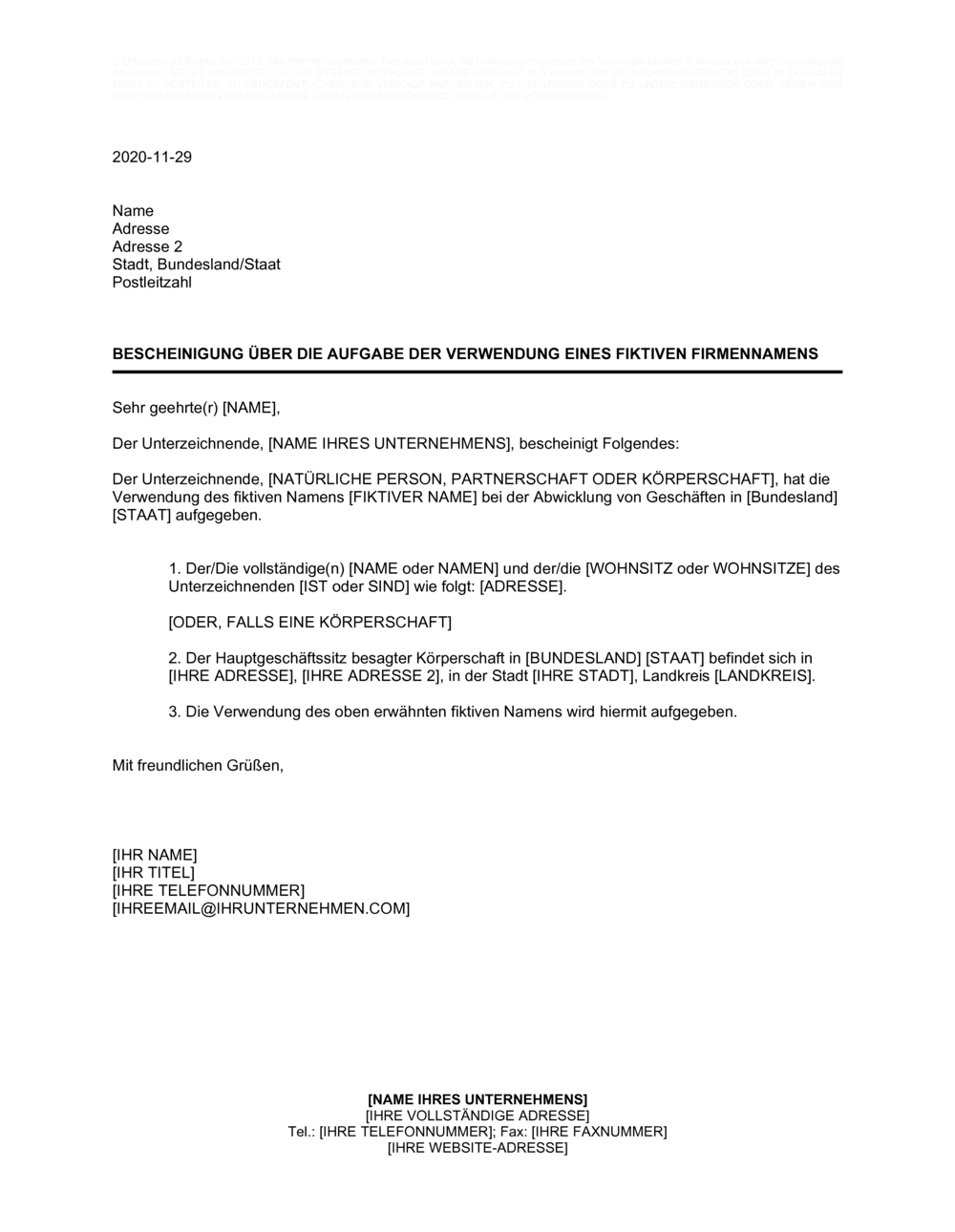 Business-in-a-Box's Bescheinigung über die Aufgabe der Verwendung eines fiktiven Firmennamens