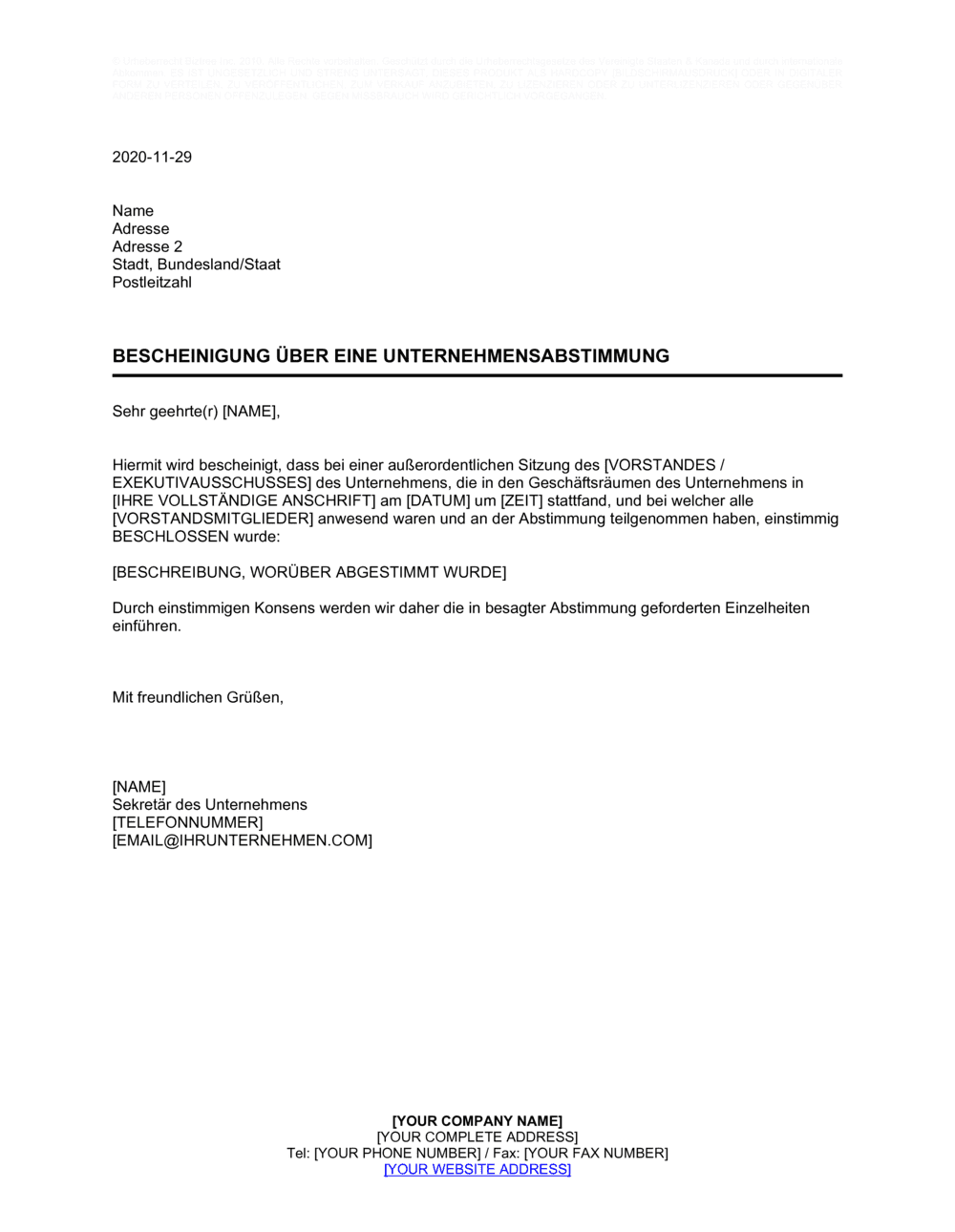 Business-in-a-Box's Bescheinigung über eine Unternehmensabstimmung