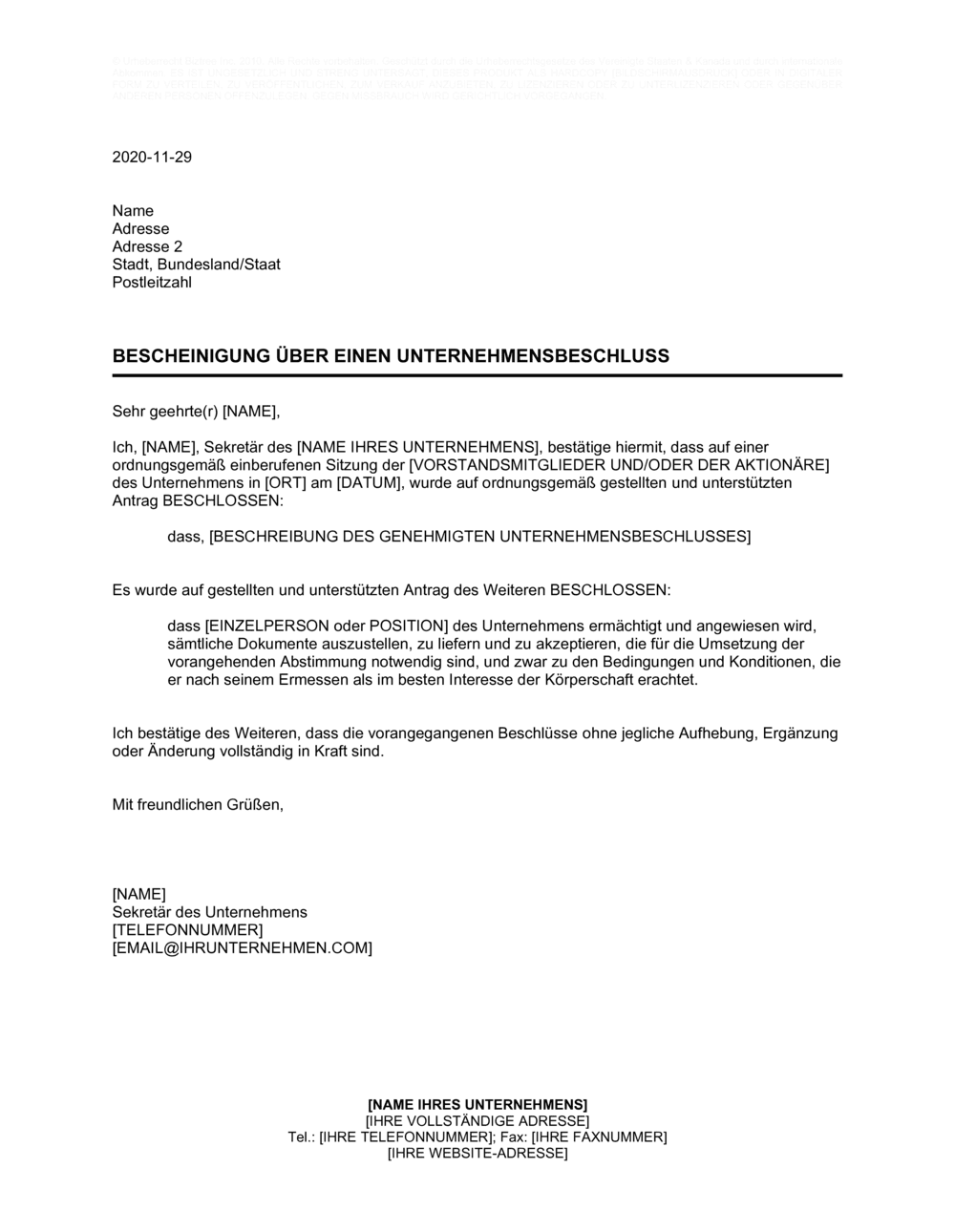 Business-in-a-Box's Bescheinigung über einen Unternehmensbeschluss